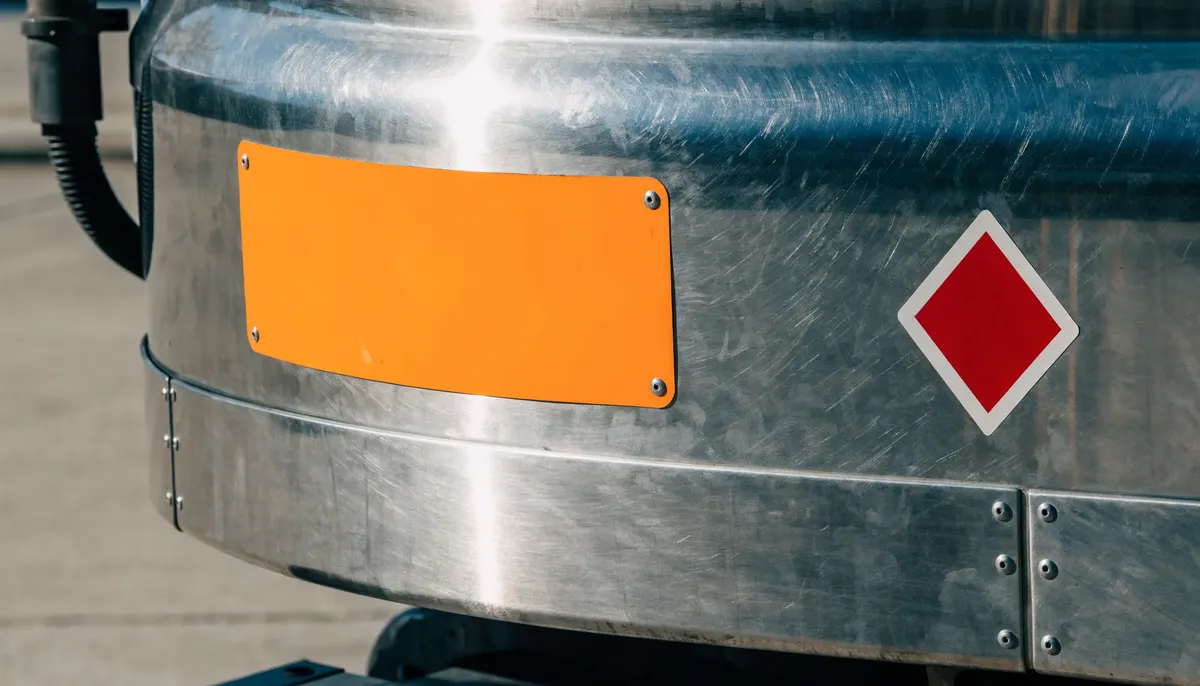 Placa naranja ADR y rombo de peligro en la trasera de una cisterna