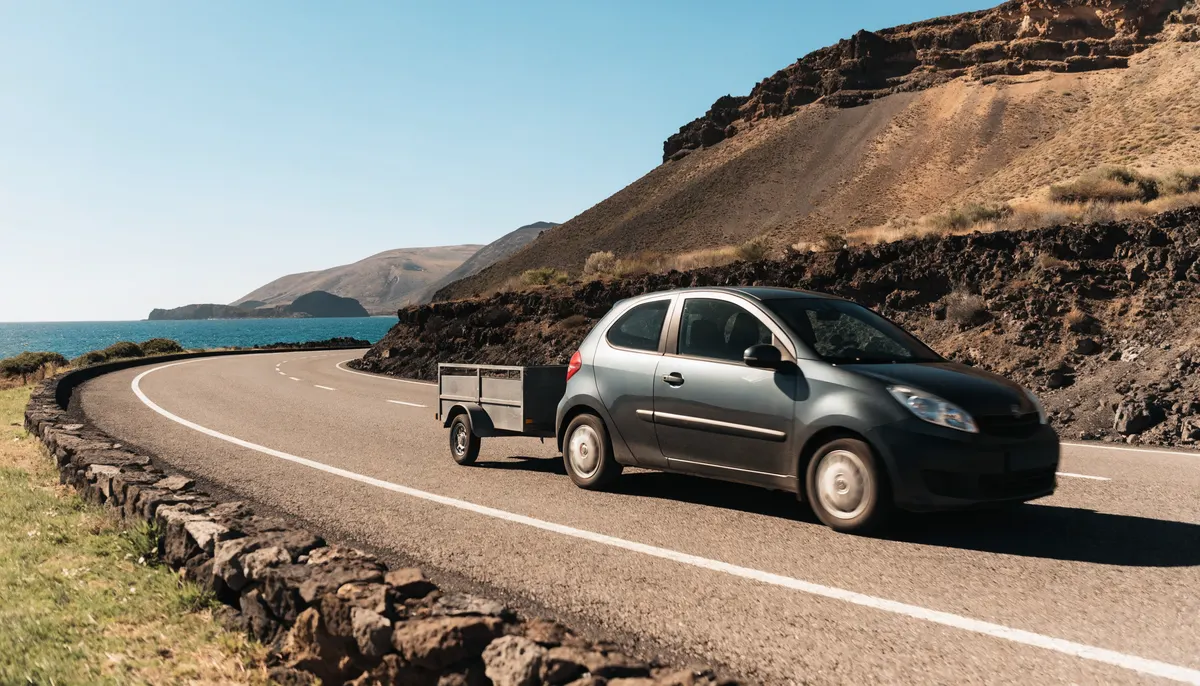 Coche con un remolque ligero en una carretera de Lanzarote