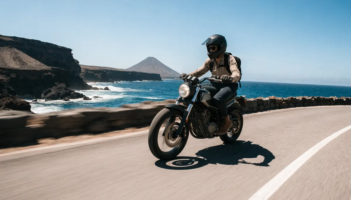 Motorista con una moto A2 por una carretera de Lanzarote